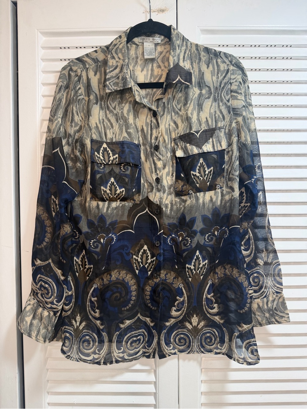 Alberto Makali Blue, Black And Beige Sheer Patterned Button-Down Shirt